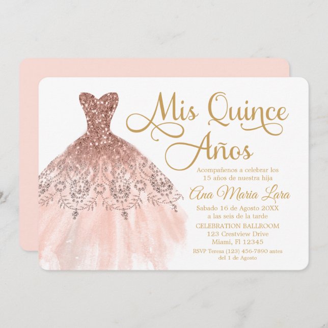 Mis Quince Años Invación de Quinceañera Rosada Inbjudningar (Fram/baksida)