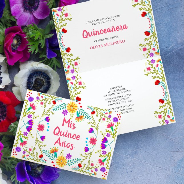 Mis Quince Anos Mexican Fiesta Party Quinceanera Inbjudan (Colorful Mis Quince folded invitation  with mexican fiesta flowers)