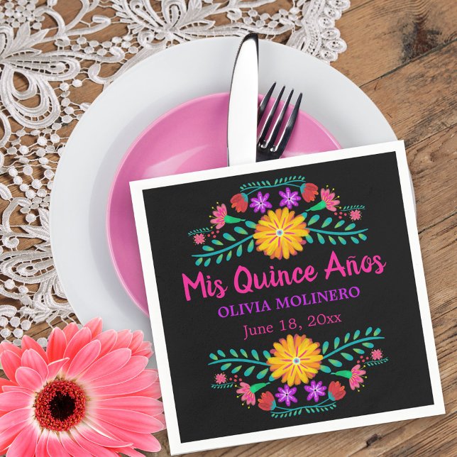 Mis Quince Anos Mexican Fiesta Quincenera Black Pappersservett (Mis Quince Quinceanera napkins from my Mexican Fiesta Floral collection
)