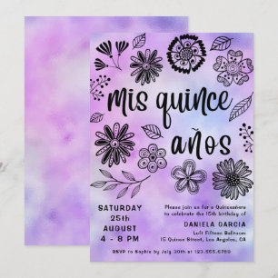 Mis Quince Años Modern Lila Blommigt Quinceañera Inbjudningar