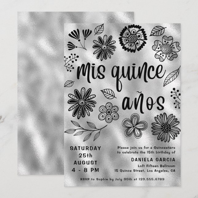 Mis Quince Años Modern Silver Blommigt Quinceañera Inbjudningar (Fram/baksida)