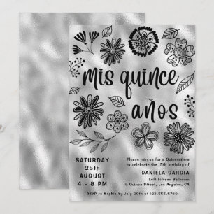 Mis Quince Años Modern Silver Blommigt Quinceañera Inbjudningar