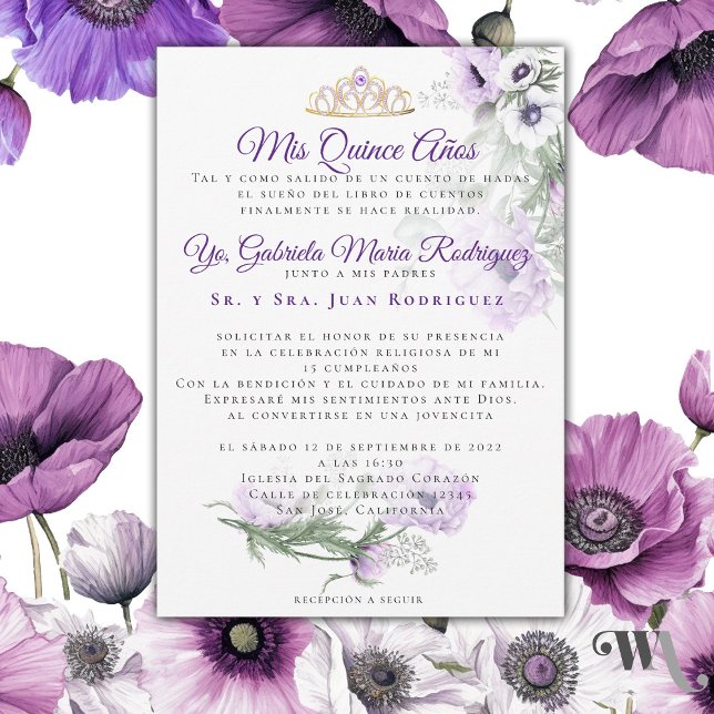 Mis Quince Años Modernos Inbjudningar (Hermosa invitación de Quince años de Amapolas Lilas -Beautiful Lilac Poppies Quince Años invitation )