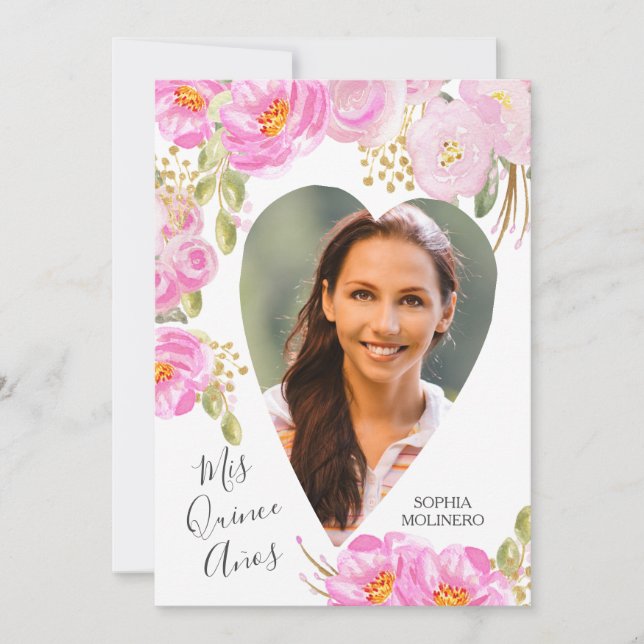 Mis Quince Anos Photo Rosa Guld Blommigt Quinceane Inbjudningar (Framsida)