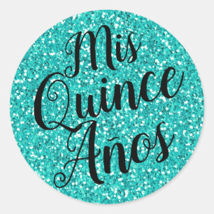 Mis Quince Años Quinceañera Turquise Aqua Glitter Runt Klistermärke