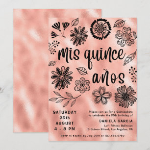 Mis Quince Años Ro Guld Blommigt Quinceañera Inbjudningar