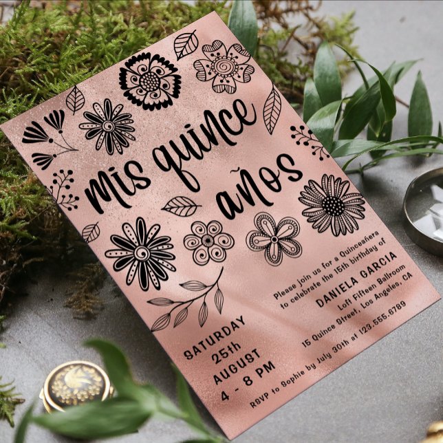 Mis Quince Años Ro Guld Chic Blommigt Quinceañera Inbjudningar (Skapare uppladdad)