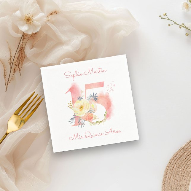 Mis Quince Anos  Rosa Blommigt 15 Födelsedag Pappersservett (Cocktail Napkins from my Blush Pink Number 15 Quinceanera collection
)