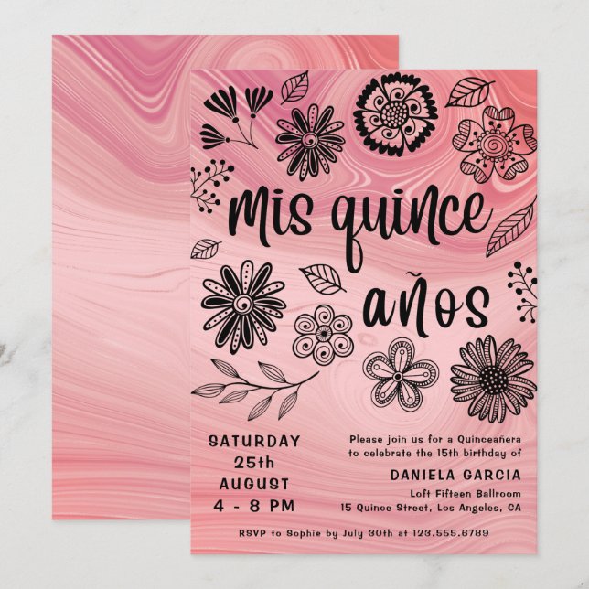 Mis Quince Años Rosa Modern Blommigt Quinceañera Inbjudningar (Fram/baksida)