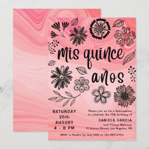 Mis Quince Años Rosa Modern Blommigt Quinceañera Inbjudningar