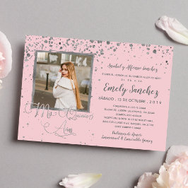 Mis Quince Anos  Rosa Silver Confetti Photo Inbjudningar