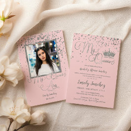 Mis Quince Anos Rosa Silver Confetti Spanska foto Inbjudningar