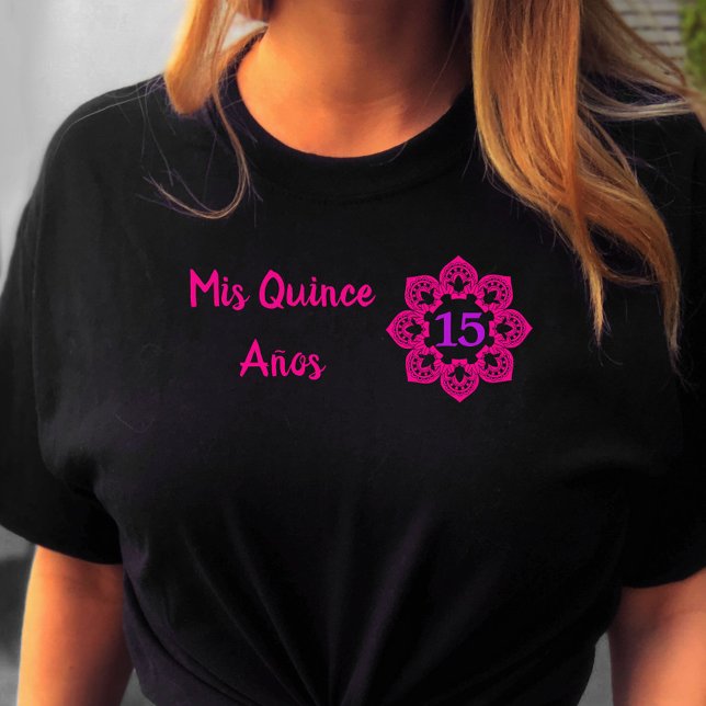 Mis Quince Anos Rosa Snöre Flower Quinceanera Blac T Shirt (Quinceanera tee from my Mexican Fiesta Floral collection)