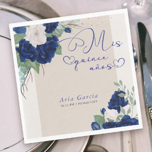 Mis Quince Anos Royal Blue Blommigt Quinceanera Pappersservett
