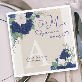 Mis Quince Anos Royal Blue Ivory Blommigt Monogram Pappersservett