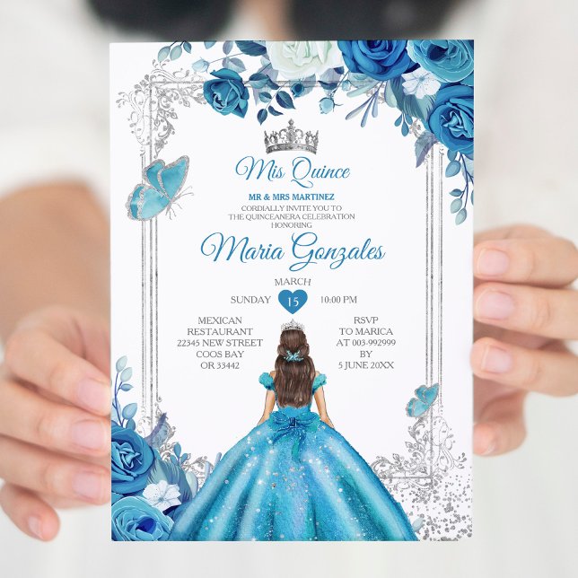 Mis Quince Aqua Teal Blommigt Krona Quinceañera Inbjudningar (Skapare uppladdad)