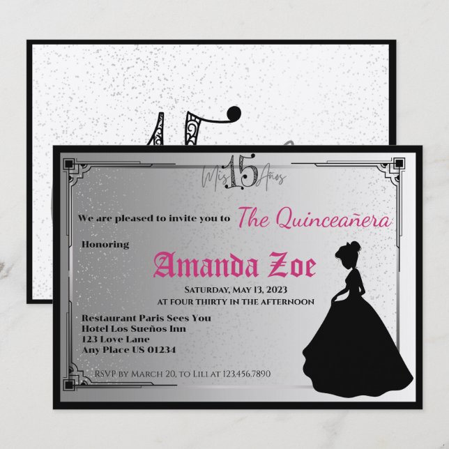 Mis Quince Black and White Elegant-inbjudan Inbjudningar (Fram/baksida)