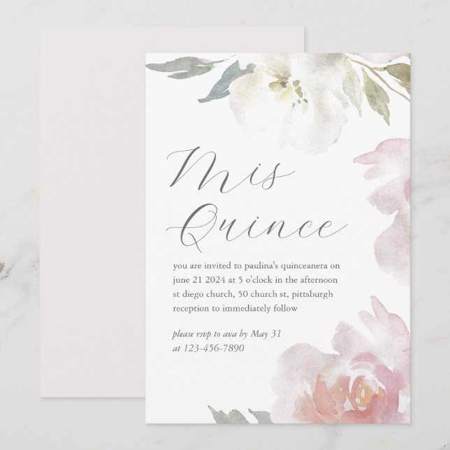 Mis Quince Blommigt 15 år Birthday Quinceañera Inbjudningar (Fram/baksida)