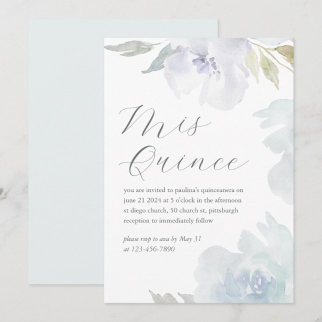 Mis Quince Blommigt 15 år Birthday Quinceañera Inbjudningar (Fram/baksida)