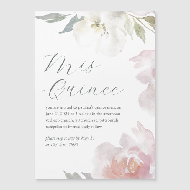 Mis Quince Blommigt 15 år Birthday Quinceañera Magnetisk Inbjudningskort (Framsida)