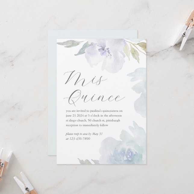 Mis Quince Blommigt Birthday Quinceañera Laid Papp Inbjudningar (Fram/Back In Situ)