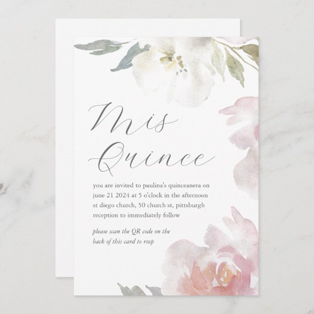 Mis Quince Blommigt Birthday Quinceañera QR-kod Inbjudningar (Fram/baksida)