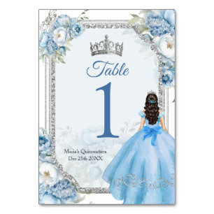Mis Quince Blue Blommigt Silver Krona Quinceañera Bordsnummer