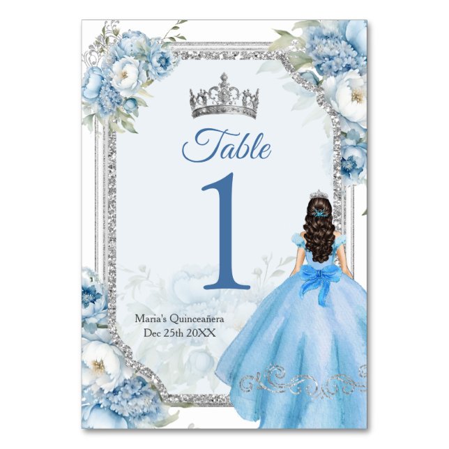 Mis Quince Blue Blommigt Silver Krona Quinceañera Bordsnummer (Framsidan)