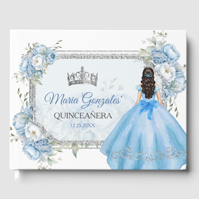 Mis Quince Blue Blommigt Silver Krona Quinceañera Gästböcker (Framsida)