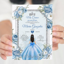 Mis Quince Blue Blommigt Silver Krona Quinceañera