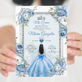 Mis Quince Blue Blommigt Silver Krona Quinceañera Inbjudningar