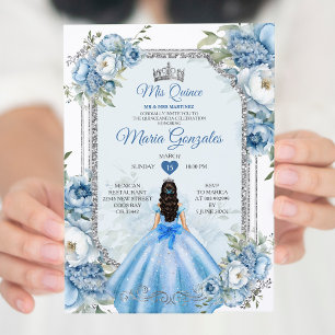 Mis Quince Blue Blommigt Silver Krona Quinceañera Inbjudningar