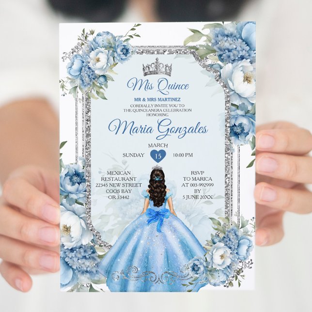 Mis Quince Blue Blommigt Silver Krona Quinceañera Inbjudningar (Skapare uppladdad)