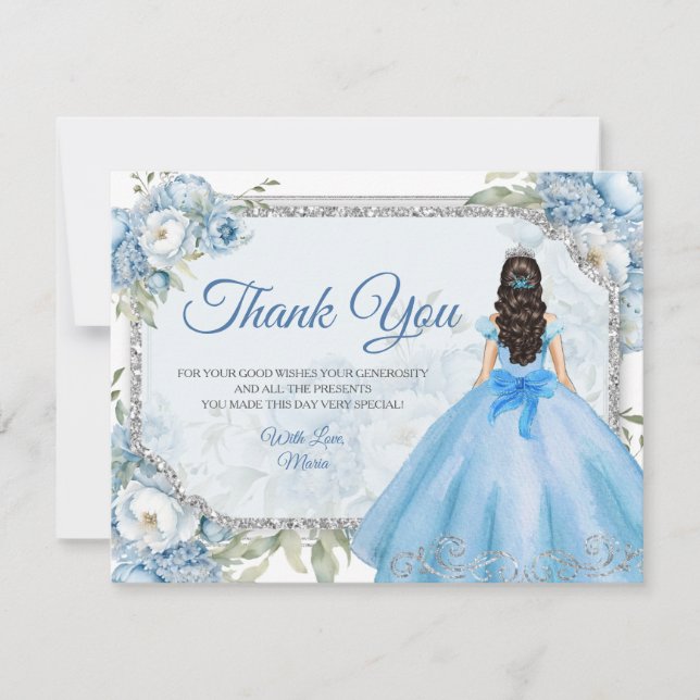 Mis Quince Blue Blommigt Silver Krona Quinceañera Tack Kort (Framsida)
