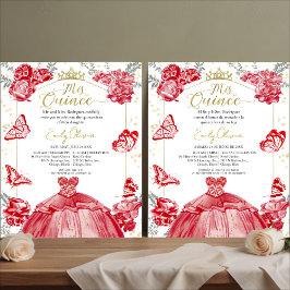 Mis Quince-budgetinbjudan Bilingual Red Blommigt