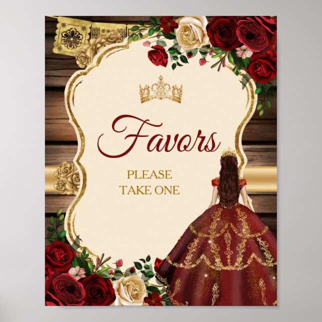 Mis Quince Burgundy Blommigt Rustic Favors Poster (Framsidan)