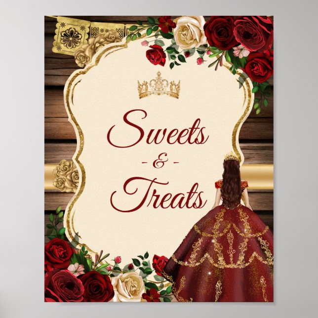 Mis Quince Burgundy Blommigt Rustic Sweet Treats Poster (Framsidan)