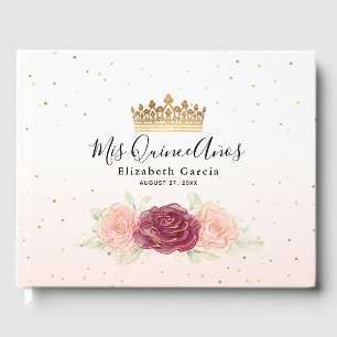 Mis Quince Burgundy Blush Guld Blommig Quinceanera Gästböcker