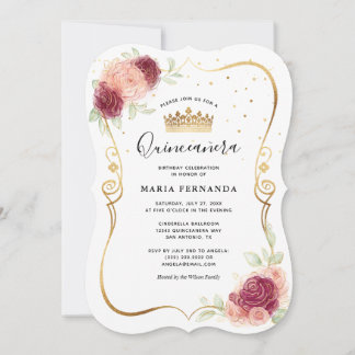 Mis Quince Burgundy  Guld Blommigt Quinceanera Inbjudningar