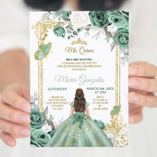 Mis Quince dammig grön & vit födelsedagsinbjudan Inbjudningar