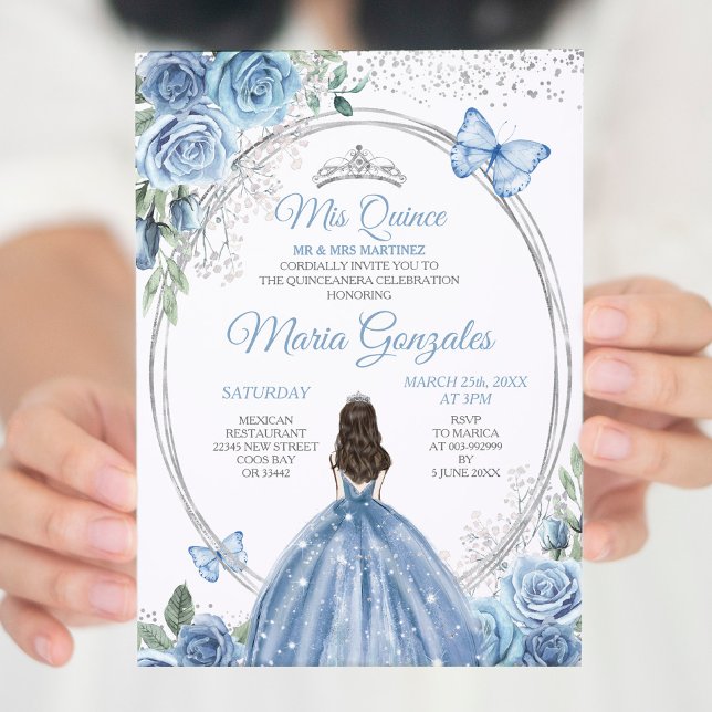 Mis Quince Dusty Blue & Silver Blommigt Quinceañer Inbjudningar (Skapare uppladdad)