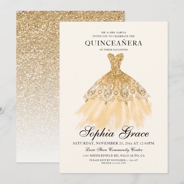 Mis Quince Elegant Faux Guld Glitter Quinceañera Inbjudningar (Fram/baksida)