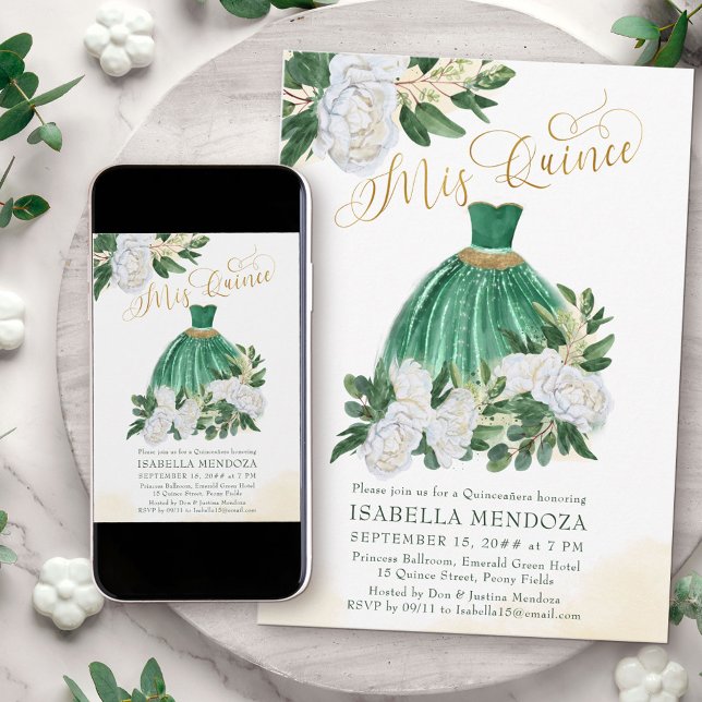 Mis Quince Emerald Grönt White Peony Quinceanera Inbjudningar (Mis Quince Princess Ball Gown Invitation from my Emerald Greenery and White Peony Collection)