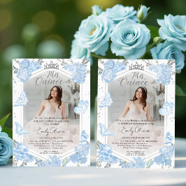 Mis Quince-fotoinbjudan Bilingual Dusty Blue Inbjudningar