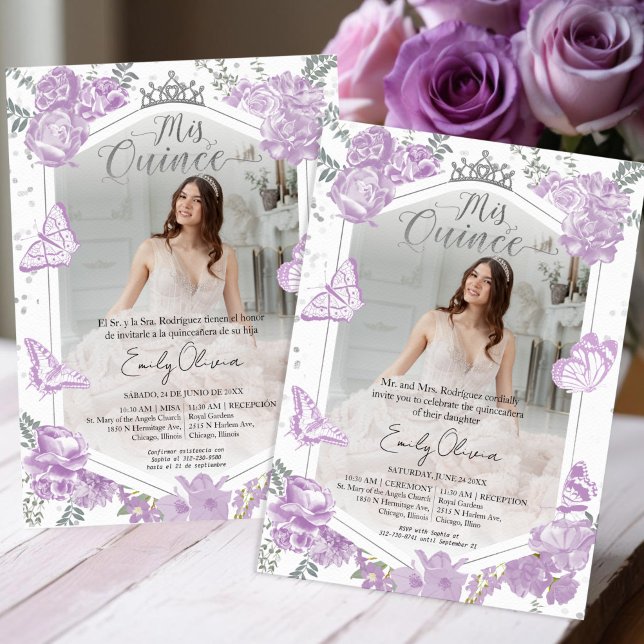 Mis Quince-fotoinbjudan Bilingual Lavender Inbjudningar (Skapare uppladdad)