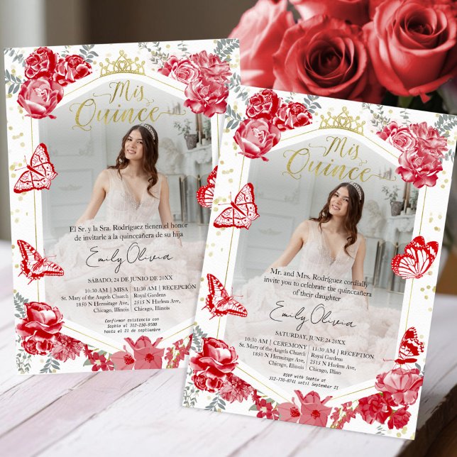 Mis Quince-fotoinbjudan Bilingual Red Blommigt Inbjudningar (Skapare uppladdad)