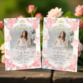 Mis Quince-fotoinbjudan Bilingual Rosa Blommigt Inbjudningar