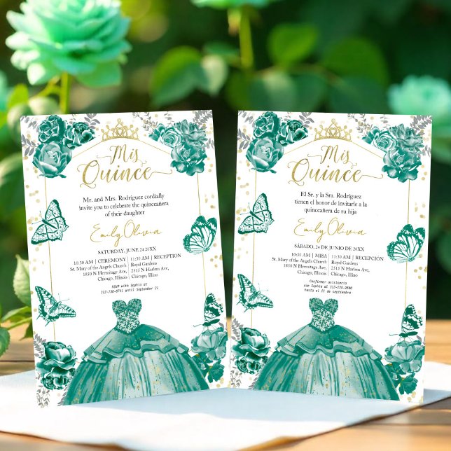 Mis Quince-inbjudan Bilingual Emerald Grönt Inbjudningar (Skapare uppladdad)