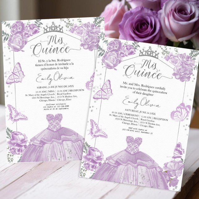 Mis Quince-inbjudan Bilingual Lavender-adress Inbjudningar (Skapare uppladdad)