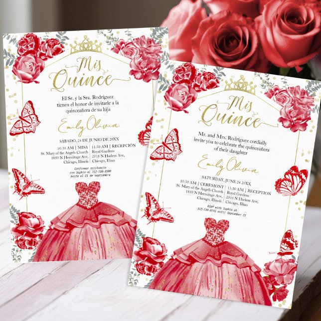 Mis Quince-inbjudan Bilingual Red Dress Blommigt Inbjudningar (Skapare uppladdad)